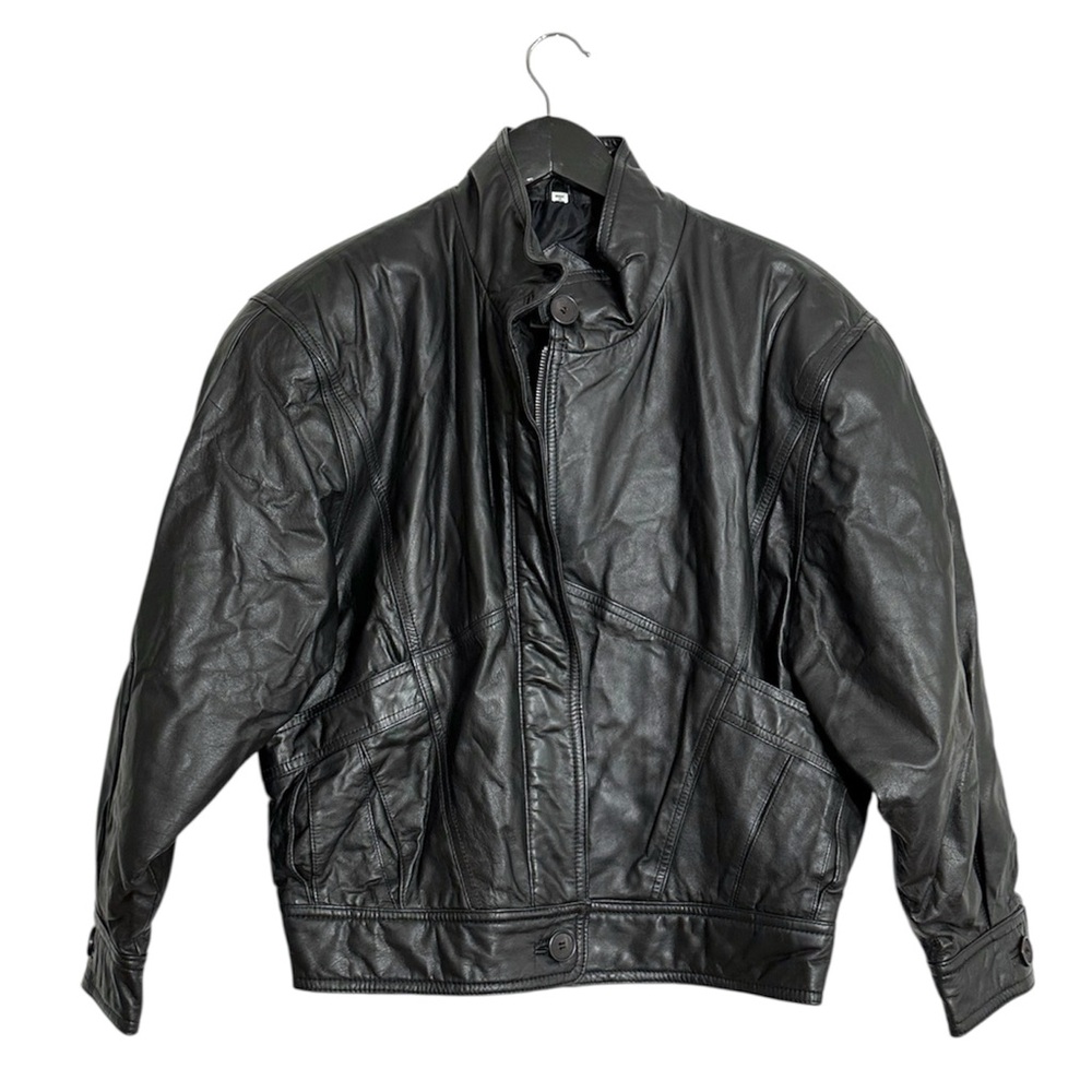 Leathers by Tibor Black Oversized 80s Leather Jacket Vintage Small Biker